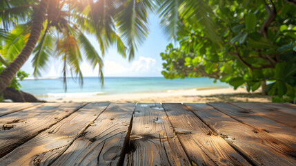 A wooden deck overlooks a tropical beach with palm trees and a blue sky.