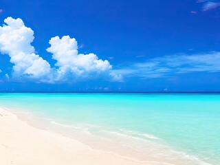Beautiful tropical beach with turquoise ocean waves, blue skies, and white sand