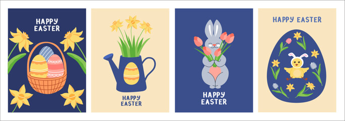Cute Easter cards set. Spring characters and elements on blue background. Funny bunny, chickens, eggs, spring flowers