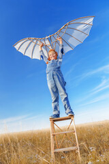 Little boy imagines flying. - 749450074