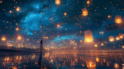 night view of the city woman with lanterns mental health generative art