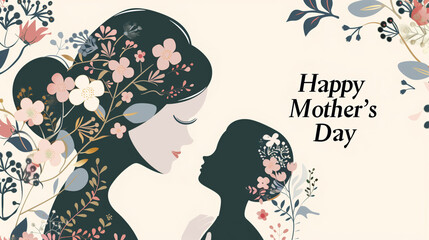 Elegant Mother and Child Floral Silhouette Mother's Day Illustration, "Happy Mother's Day" text 