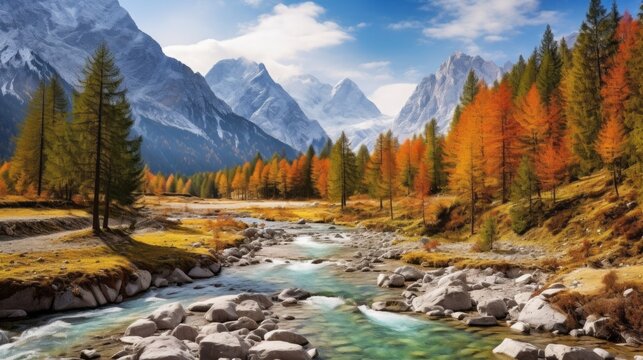 A picturesque Autumn Landscape with colorful yellow, orange and green trees, a Mountain River with rocks near high snowy Mountains against a blue sky background. Horizontal, Seasons, nature.