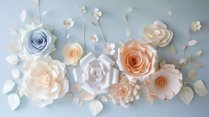 Delicate paper flowers in soft pastel tones grace a serene wall, creating a minimalist yet elegant composition