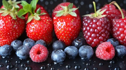a group of strawberries and raspberries with blueberries and raspberries next to each other on a black surface.