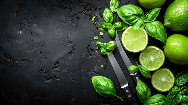 limes, basil, and a knife on a black surface with a knife and a pair of scissors next to them.