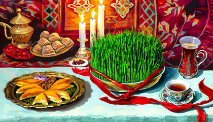 Novruz table setting with green samani wheat grass with red ribbon, dried fruits, sweet pastry and candles. Ethnic motives carpet in background, new year spring celebration in Azerbaijan, copy space