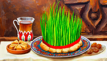 Novruz table setting with green samani wheat grass with red ribbon, dried fruits, sweet pastry and candles. Ethnic motives carpet in background, new year spring celebration in Azerbaijan, copy space