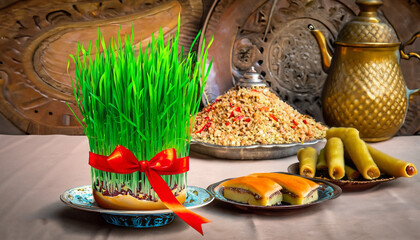 Novruz table setting with green samani wheat grass with red ribbon, dried fruits, sweet pastry and candles. Ethnic motives carpet in background, new year spring celebration in Azerbaijan, copy space - obrazy, fototapety, plakaty