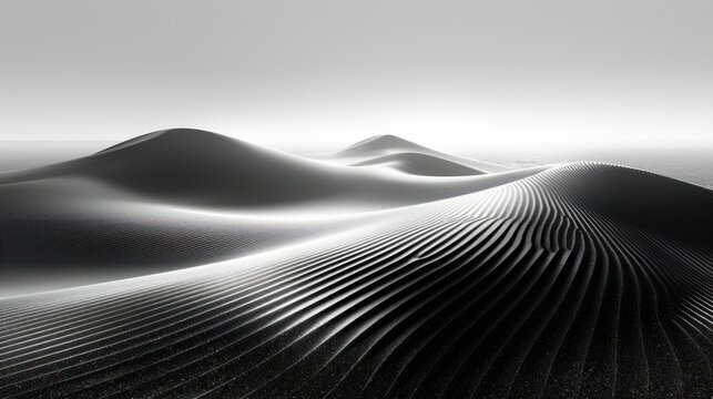 a black and white photo of a desert with sand dunes in the foreground and a foggy sky in the background.