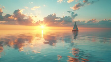 a sailboat in the middle of the ocean with the sun in the sky above the water and clouds in the background. - obrazy, fototapety, plakaty