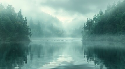 a body of water surrounded by trees on a foggy day with a train on a bridge in the distance.