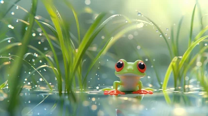Fotobehang a green frog sitting on top of a body of water next to a lush green grass covered field with drops of dew. © Ilona