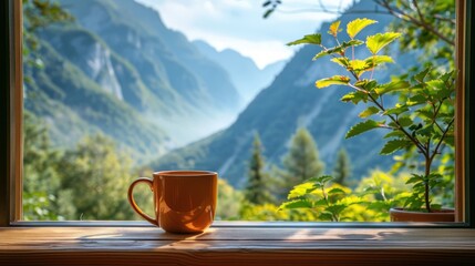 Obraz na płótnie Canvas a coffee cup sitting on a window sill in front of a window with a view of a mountain range.