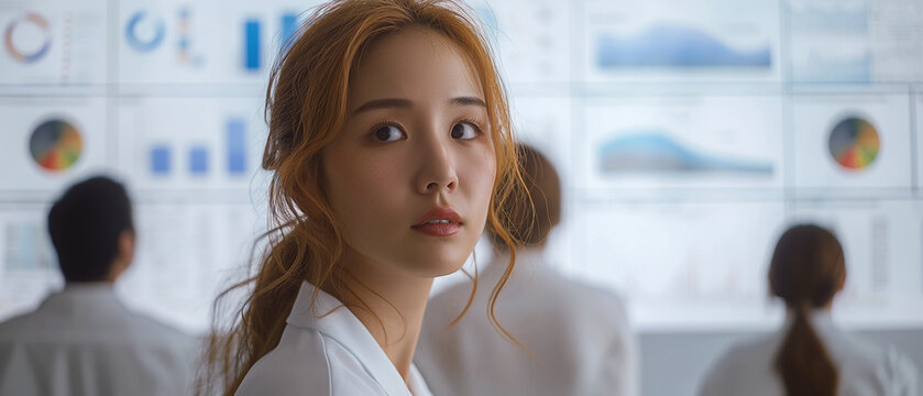 Woman after looking at the map chart data analytic, statistical data analysis, She turned her head and her face was thinking, meeting Work at office