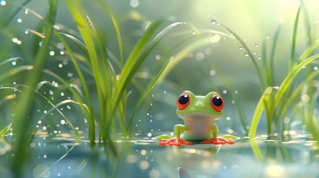a green frog sitting on top of a body of water next to a lush green grass covered field with drops of dew.