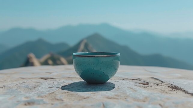 a blue bowl sitting on top of a wooden table in front of a mountain range with a blue sky in the background.