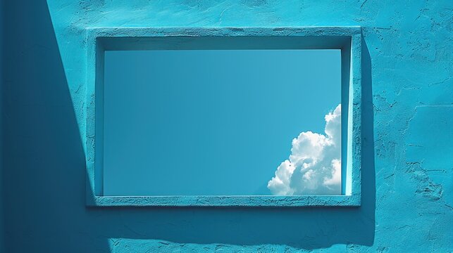 a blue wall with a square window and a cloud in the sky in the center of the picture is a blue wall with a square window and a white cloud in the middle.