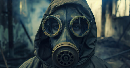 Person in a gas mask stares intently, set against a blurred post-apocalyptic backdrop