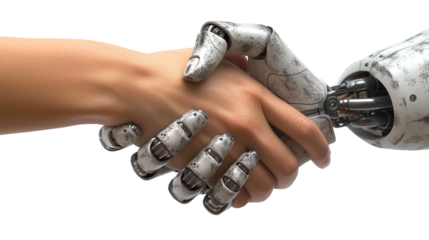 A human and a robot are shaking hands on transparent background.