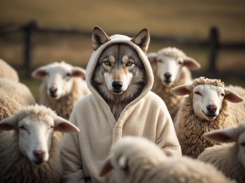 Wolf in sheep disguise sorrounded by lambs as a fake sheep for hiding. Conceptual image of fraud and deception