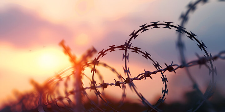 Sunset prison fence with barbed wire