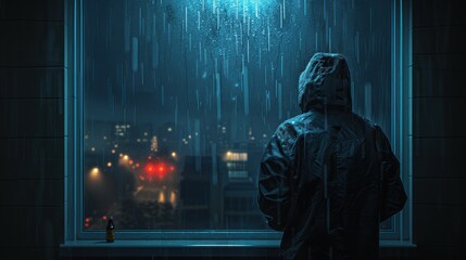 a man in a raincoat looking out of a window at a city at night with a red traffic light.