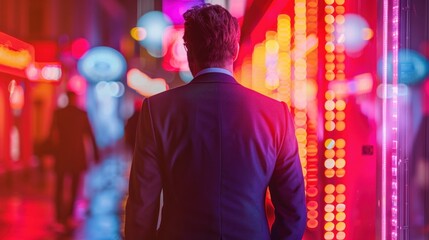 Fototapeta premium a man in a suit standing in front of a neon display of neon lights in a room with a man in a suit standing in front of neon lights.