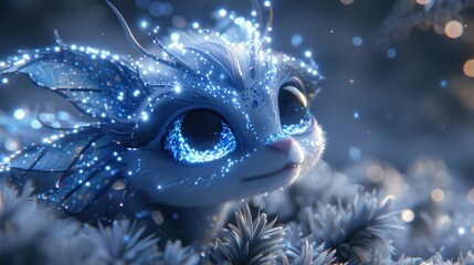 a close up of a cat with blue lights on it's eyes and a snowflake in the background.