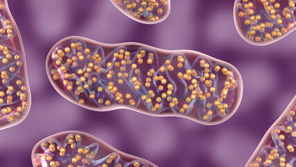 Cellular organelle mitochondria on purple background. 3d illustration