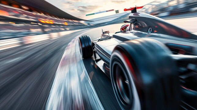 race car formula 1 driver driving fast high speed in race track in motorsport challenge competition, with beautiful curve of circuit with high performance engine technology of motorsport