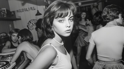 Elegant Vintage Woman with Mod Hairstyle and Pearl Necklace at Retro Party in Black and White