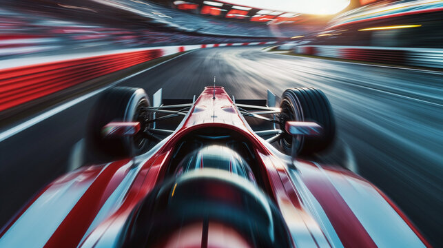 race car formula 1 driver driving fast high speed in race track in motorsport challenge competition, with beautiful curve of circuit with high performance engine technology of motorsport