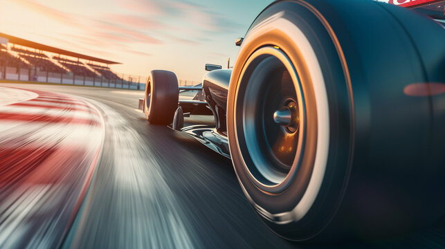 race car formula 1 driver driving fast high speed in race track in motorsport challenge competition, with beautiful curve of circuit with high performance engine technology of motorsport
