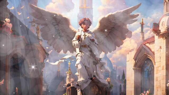 Dive into the divine with this animated video featuring an angelic figure, ethereal wings, and a luminous cross backdrop. Ideal for religious content and meditation visuals 4k Video Looping