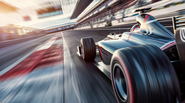 race car formula 1 driver driving fast high speed in race track in motorsport challenge competition, with beautiful curve of circuit with high performance engine technology of motorsport