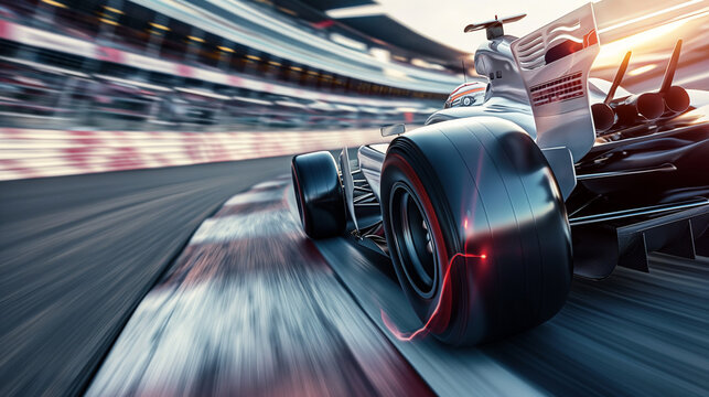 race car formula 1 driver driving fast high speed in race track in motorsport challenge competition, with beautiful curve of circuit with high performance engine technology of motorsport