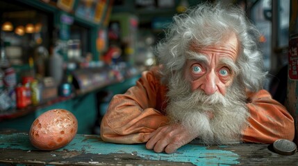 a close up of a figurine of an old man with a long white beard and wearing an orange shirt. - obrazy, fototapety, plakaty