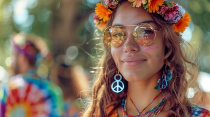 Young Woman in Flower Crown and Retro Sunglasses at Summer Festival, Fashionable Bohemian Style, Vibrant Outdoor Portrait, Peace Sign Earrings