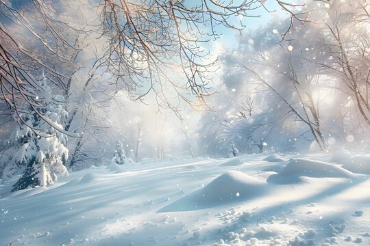 Snow-covered landscape depicted in a mesmerizing winter photograph, radiating enchanting beauty.