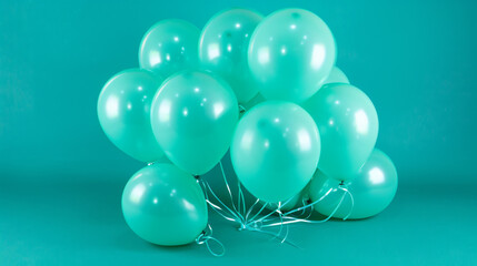 Teal green helium party balloons floating