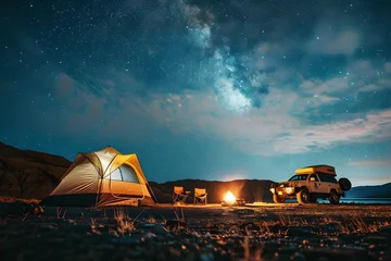 Foto op Plexiglas Captivating photograph conveying the exhilaration of a memorable outdoor camping experience. © CHUKBOK_id