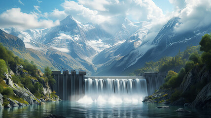 Large dam with cascading waterfall set against a backdrop of towering mountains and lush greenery.
