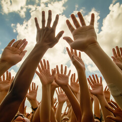 Group of diverse hands reaching up towards the sky, symbolizing unity, diversity, cooperation, and community spirit..