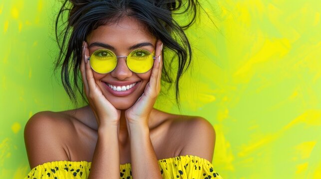 a woman in a yellow dress with her hands on her face and a pair of yellow sunglasses over her eyes.