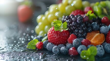 a close up of a bunch of fruit on a table with water droplets on the surface and on the table is a bunch of grapes, raspberries, blueberries, raspberries, oranges, and.