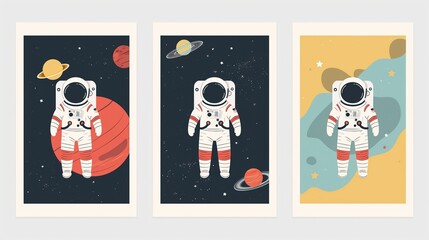 three nursery artwork astronaut in spacesuit with planet and star grungy art illustration picture frame collection set , minimal style home wall hanging decor, mockup idea, Generative Ai	

