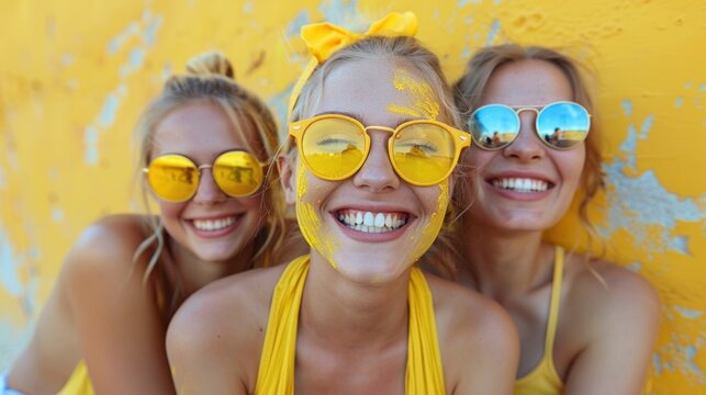 three beautiful young women in yellow bathing suits and sun glasses posing for a picture with yellow paint on their faces.