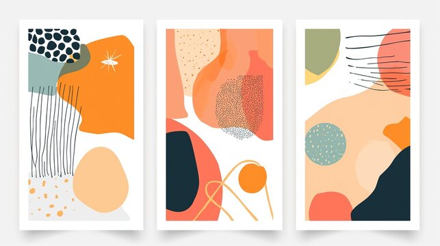 three boho freeform shape line and dot grungy art illustration picture frame collection set on wall, minimal style home wall hanging decor, mockup idea, Generative Ai	
