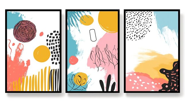 three boho freeform shape line and dot grungy art illustration picture frame collection set on wall, minimal style home wall hanging decor, mockup idea, Generative Ai	
